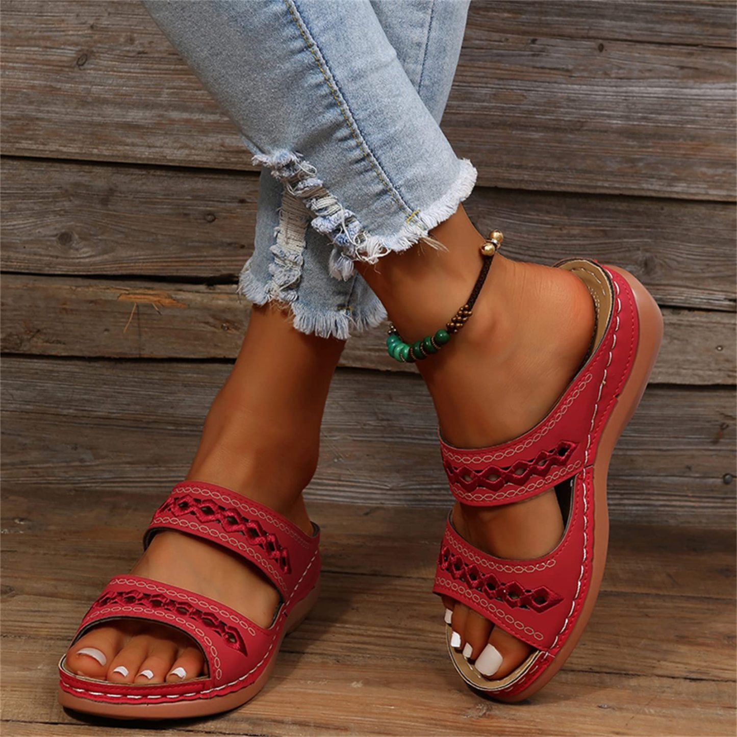 Leather Embroidery Arch-Support Women Soft footbed Sandals