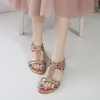 Sandals Hollow Triangle Rhinestone Sandals Soft Bottom Wedge Flat