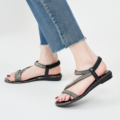 Sandals Hollow Triangle Rhinestone Sandals Soft Bottom Wedge Flat