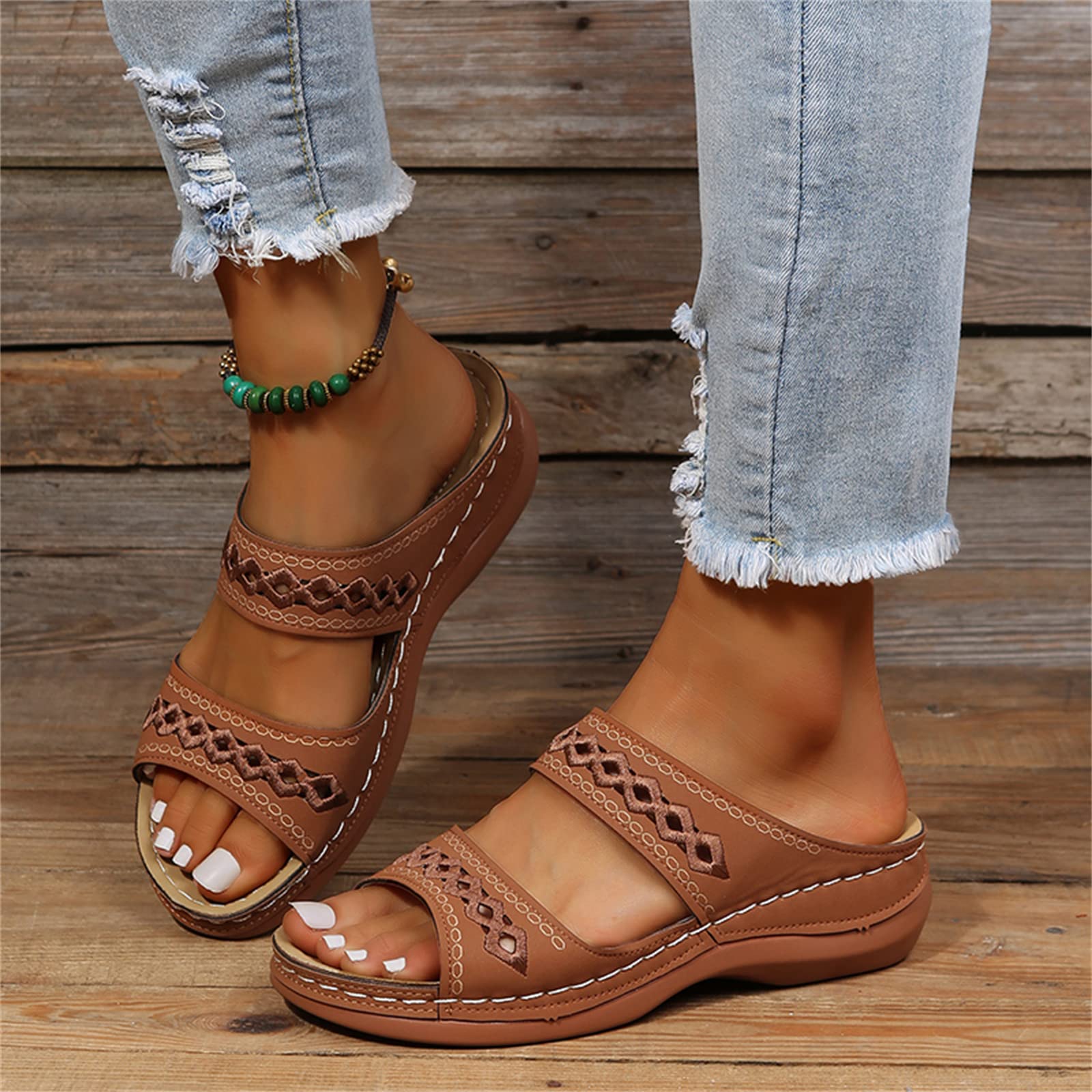 Leather Embroidery Arch-Support Women Soft footbed Sandals