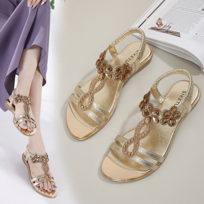 Sandals Hollow Triangle Rhinestone Sandals Soft Bottom Wedge Flat