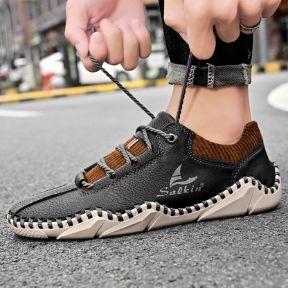 [Last Day 70% Off - Don't Miss Out] 🔥 Men's Calfskin Walking Shoes 👞 Hand-sewn ✅ Arch Support - Pain Relief for Comfortable Walking