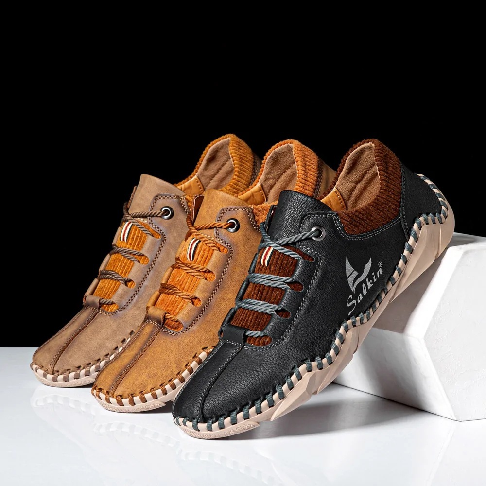 [Last Day 70% Off - Don't Miss Out] 🔥 Men's Calfskin Walking Shoes 👞 Hand-sewn ✅ Arch Support - Pain Relief for Comfortable Walking