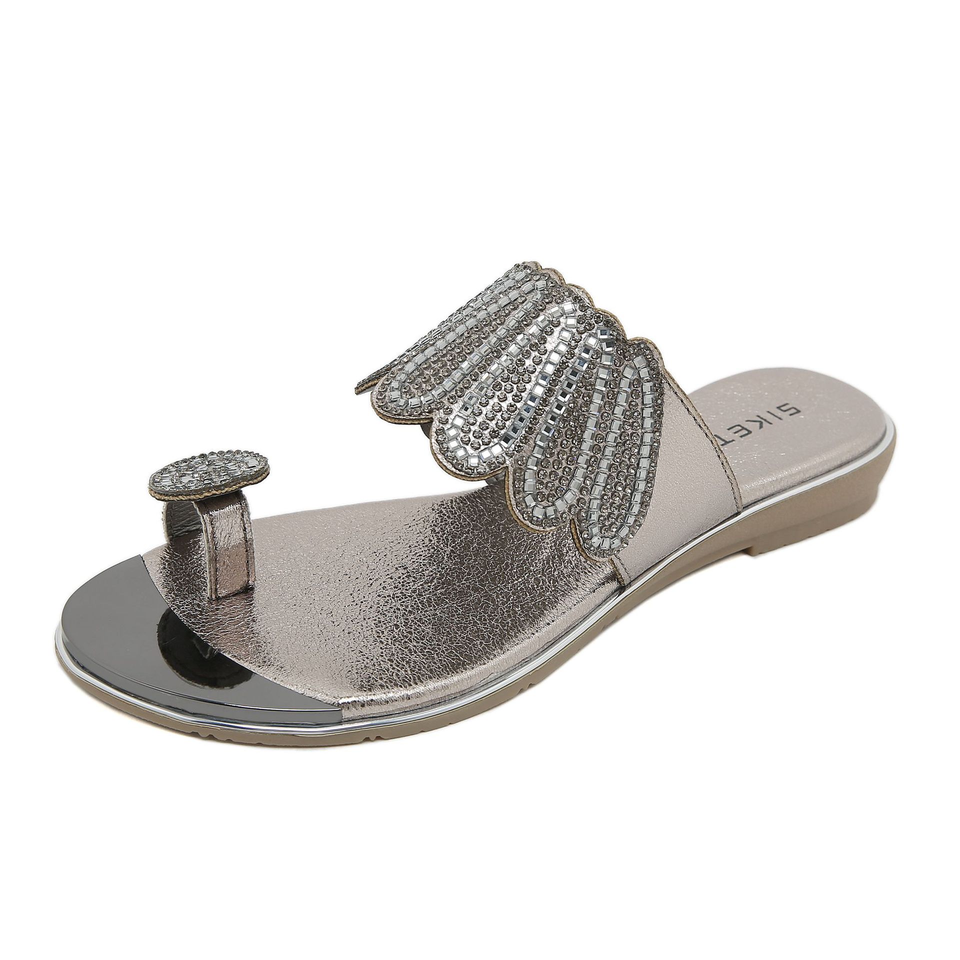Sandals Hollow Triangle Rhinestone Sandals Soft Bottom Wedge Flat