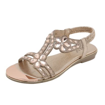 Sandals Hollow Triangle Rhinestone Sandals Soft Bottom Wedge Flat