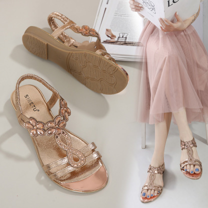 Sandals Hollow Triangle Rhinestone Sandals Soft Bottom Wedge Flat