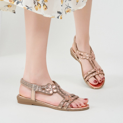 Sandals Hollow Triangle Rhinestone Sandals Soft Bottom Wedge Flat
