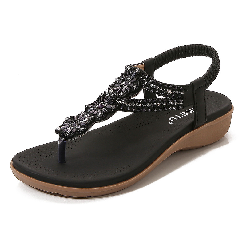 Women's Flat Sandals Ladies Thong Flat Sandals Bohemian Beaded Strap Sandals Diamante Rhinestone Leather Sandals