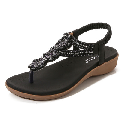 Women's Flat Sandals Ladies Thong Flat Sandals Bohemian Beaded Strap Sandals Diamante Rhinestone Leather Sandals