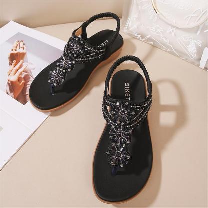 Women's Flat Sandals Ladies Thong Flat Sandals Bohemian Beaded Strap Sandals Diamante Rhinestone Leather Sandals