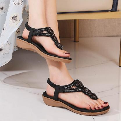 Women's Flat Sandals Ladies Thong Flat Sandals Bohemian Beaded Strap Sandals Diamante Rhinestone Leather Sandals