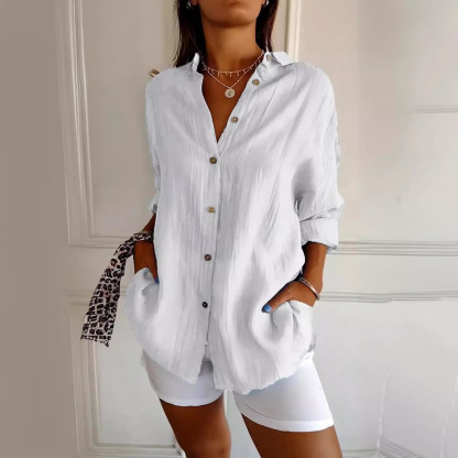 Classic Pleated Textured Single-Breasted Lapel Shirt for Women