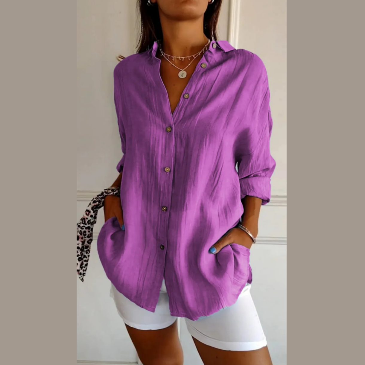 Classic Pleated Textured Single-Breasted Lapel Shirt for Women