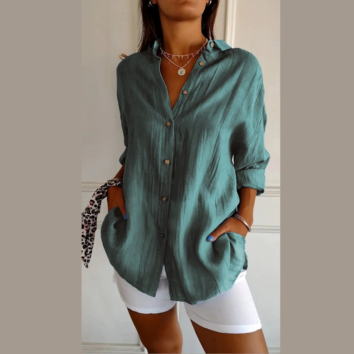 Classic Pleated Textured Single-Breasted Lapel Shirt for Women