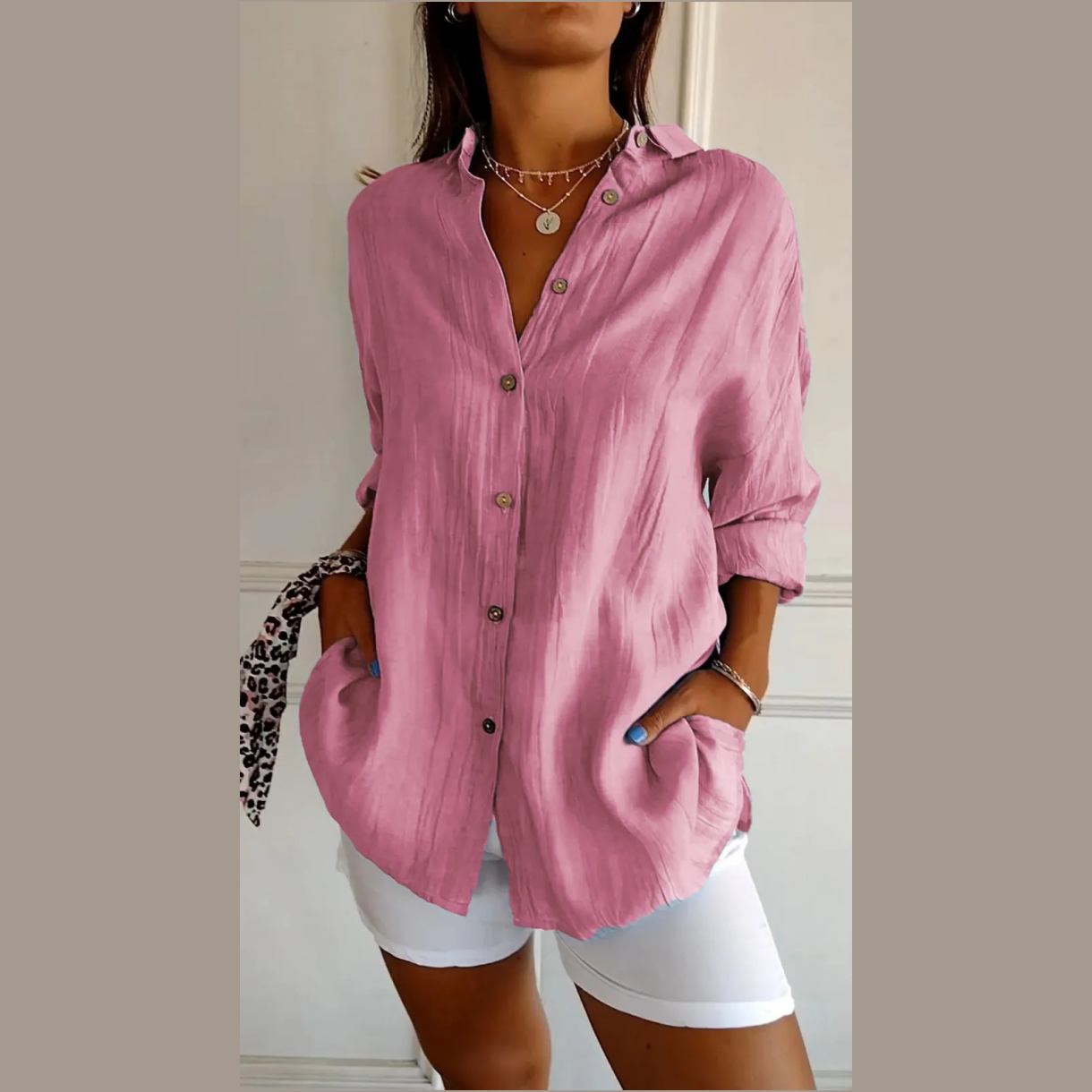 Classic Pleated Textured Single-Breasted Lapel Shirt for Women