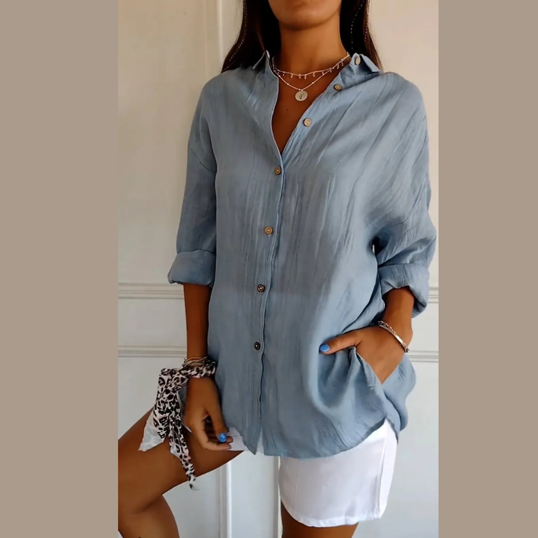 Classic Pleated Textured Single-Breasted Lapel Shirt for Women