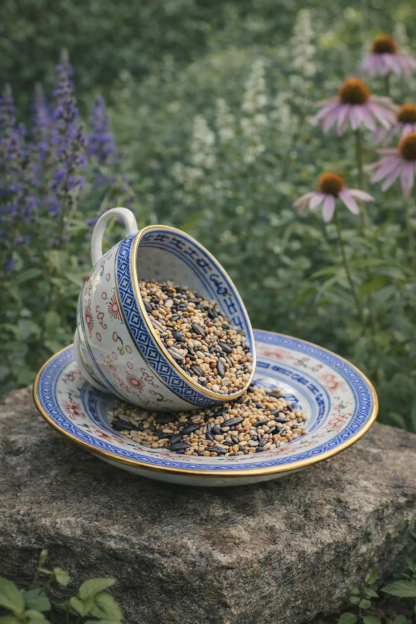 Whimsical Vintage Spilling Teacup Bird Feeder