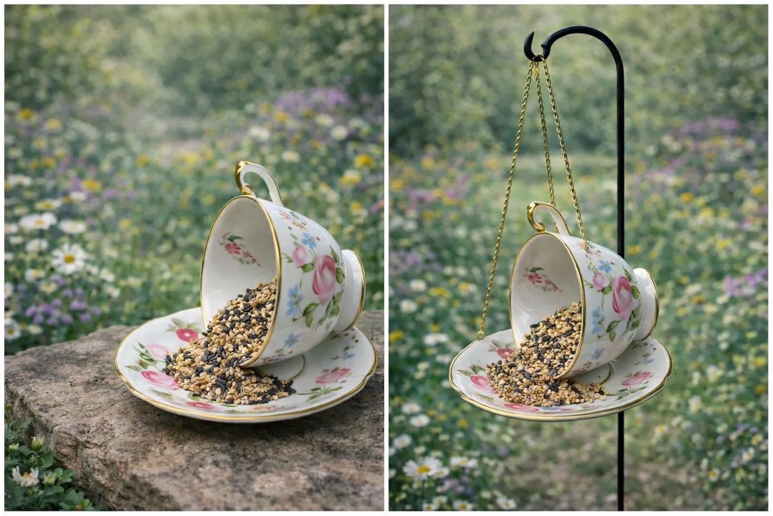 Whimsical Vintage Spilling Teacup Bird Feeder
