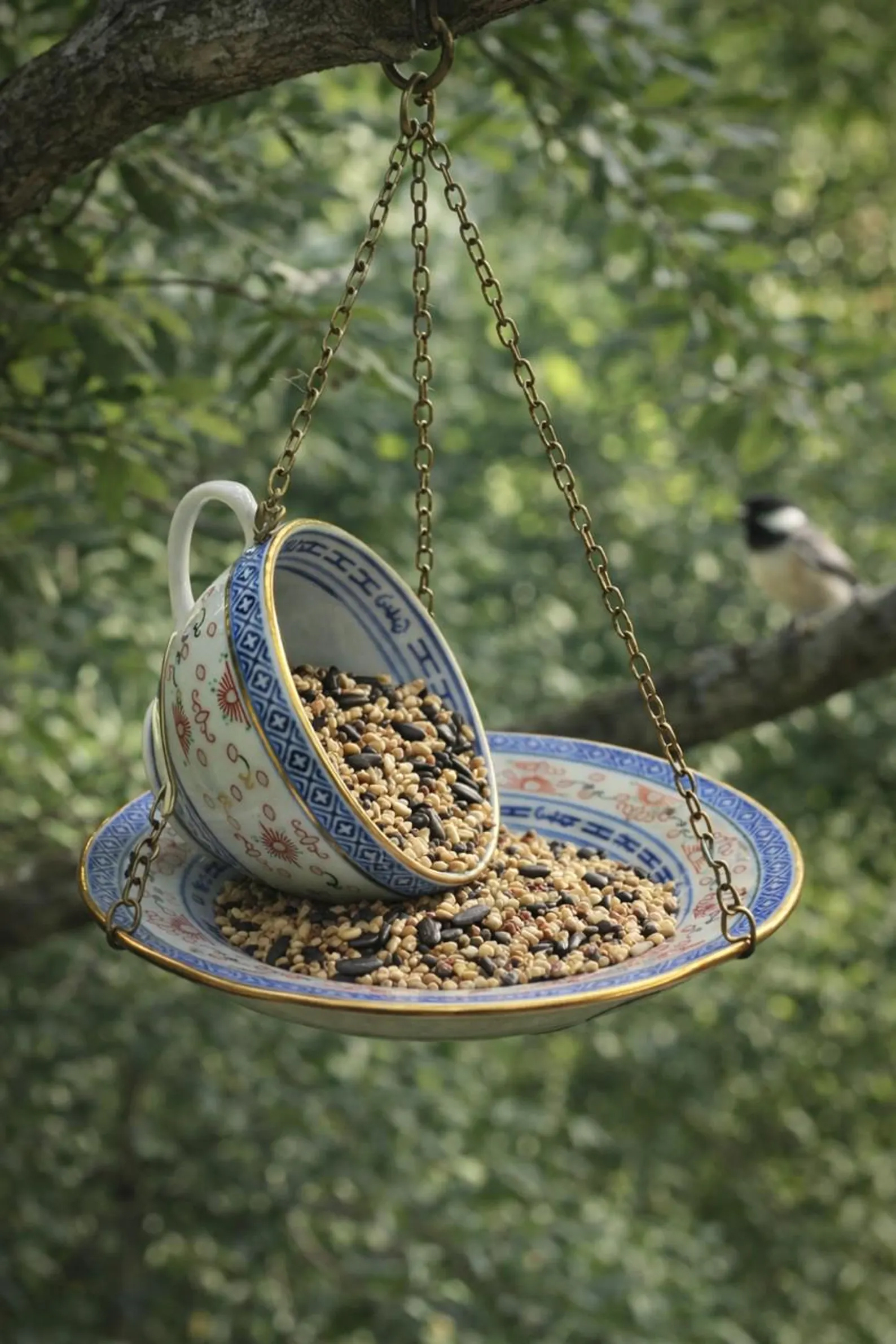 Whimsical Vintage Spilling Teacup Bird Feeder