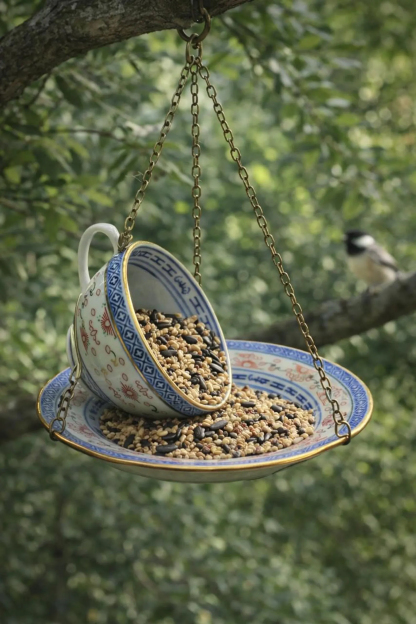 Whimsical Vintage Spilling Teacup Bird Feeder
