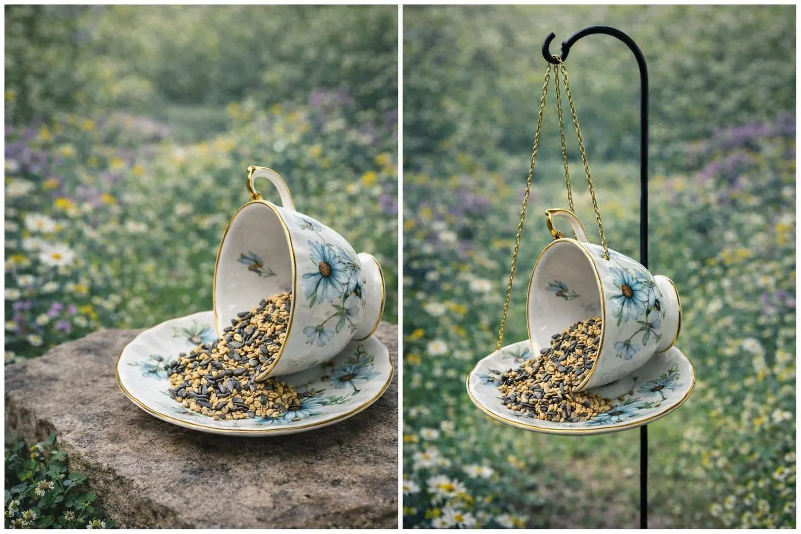 Whimsical Vintage Spilling Teacup Bird Feeder