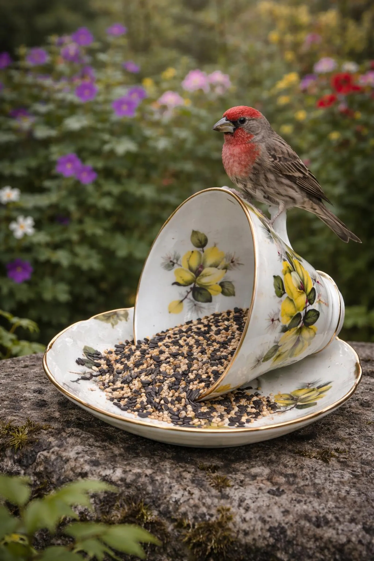 Whimsical Vintage Spilling Teacup Bird Feeder