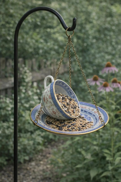 Whimsical Vintage Spilling Teacup Bird Feeder