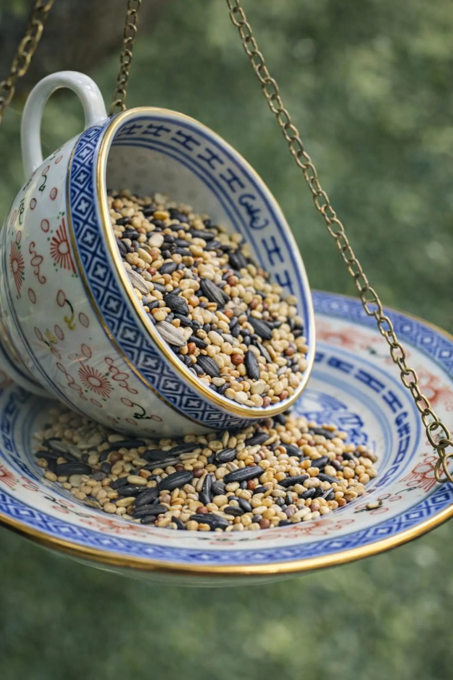 Whimsical Vintage Spilling Teacup Bird Feeder