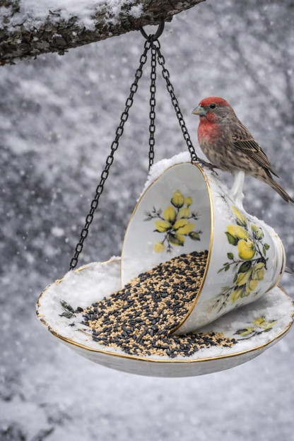 Whimsical Vintage Spilling Teacup Bird Feeder