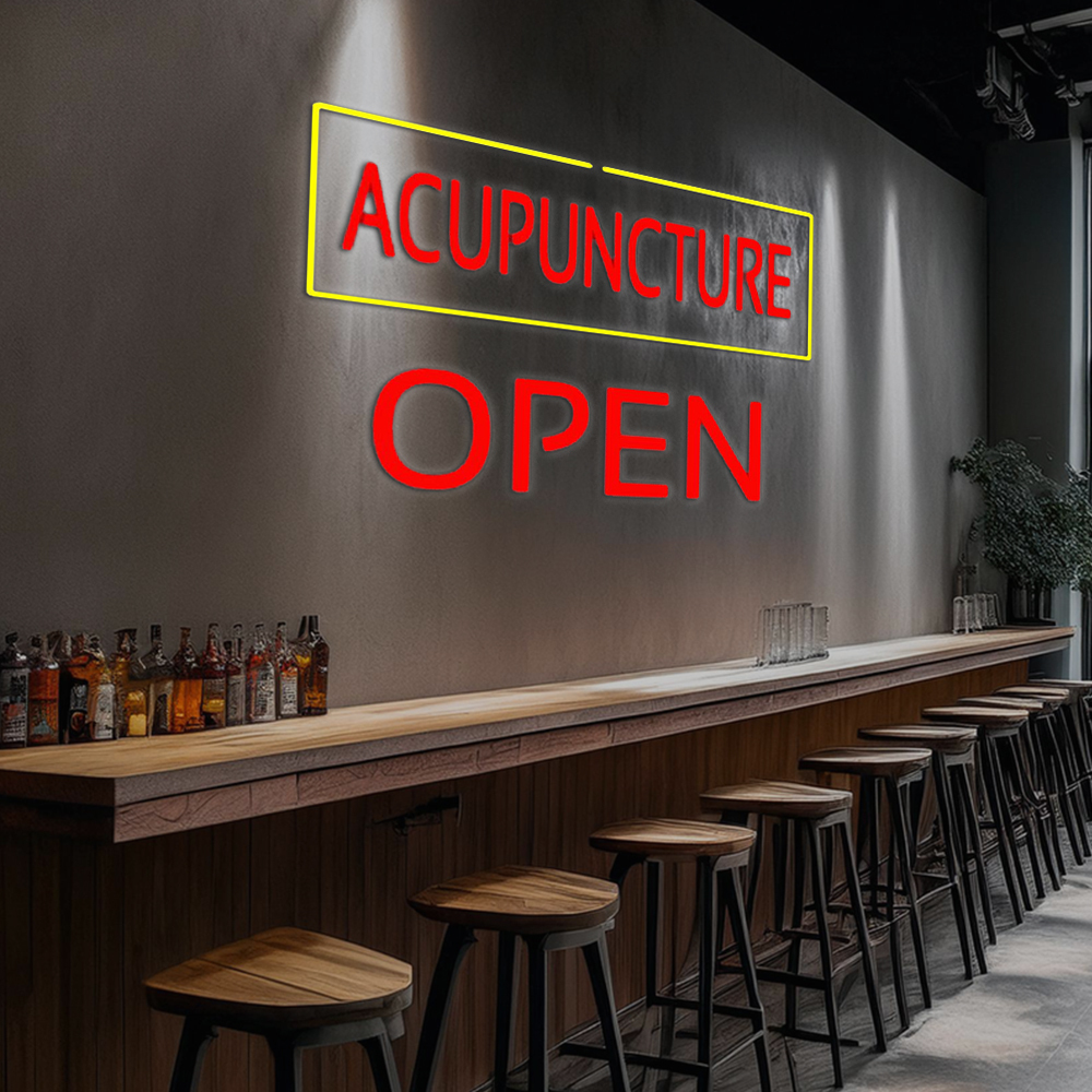 Red Acupuncture Yellow Border Block Open Led Neon Signs