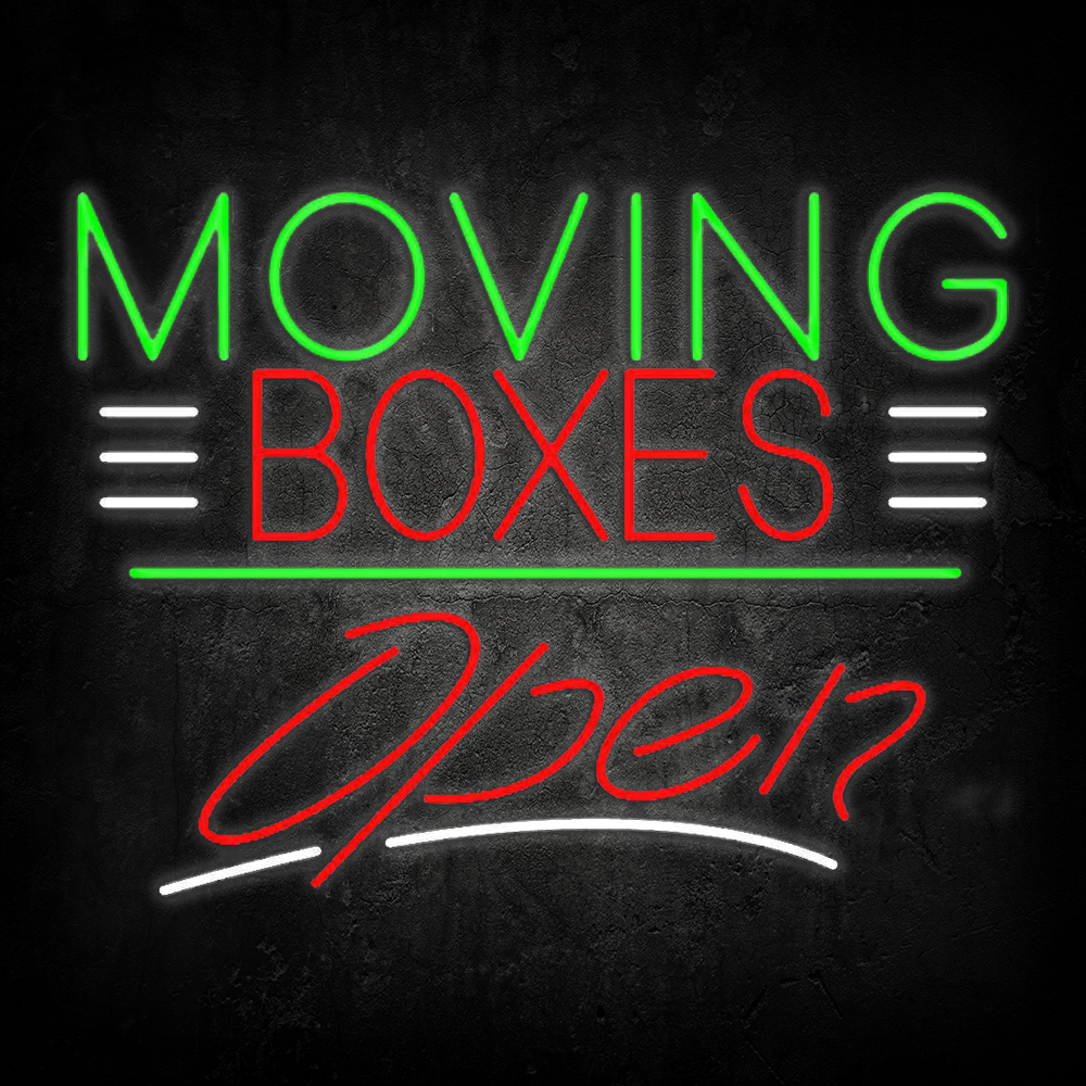 Red Moving Boxes Block Green Line With Open Led Neon Signs
