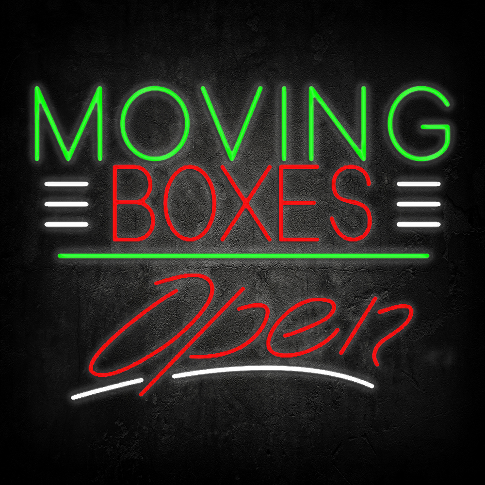 Red Moving Boxes Block Green Line With Open Led Neon Signs