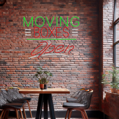 Red Moving Boxes Block Green Line With Open Led Neon Signs