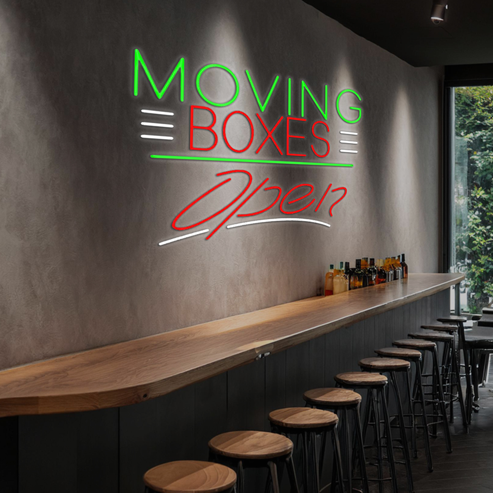 Red Moving Boxes Block Green Line With Open Led Neon Signs