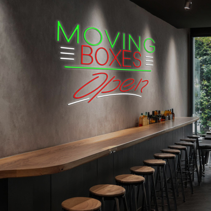 Red Moving Boxes Block Green Line With Open Led Neon Signs