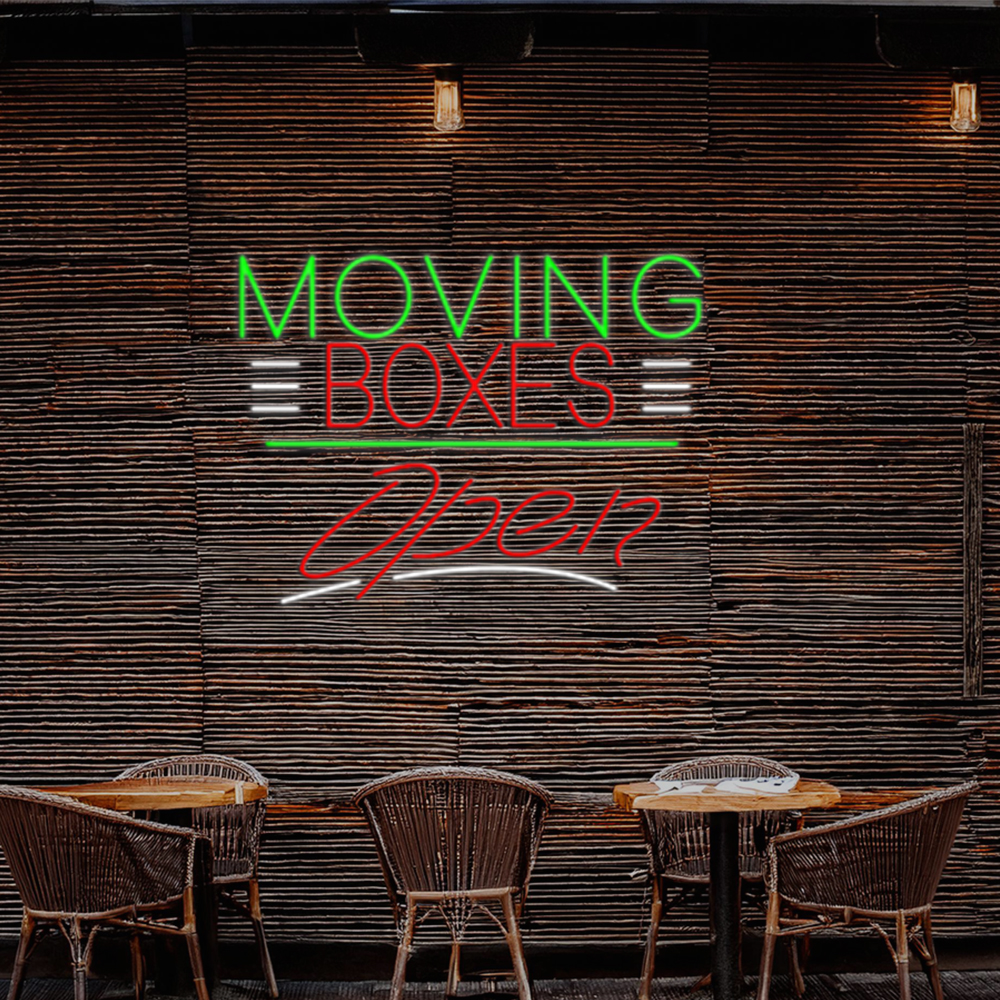 Red Moving Boxes Block Green Line With Open Led Neon Signs