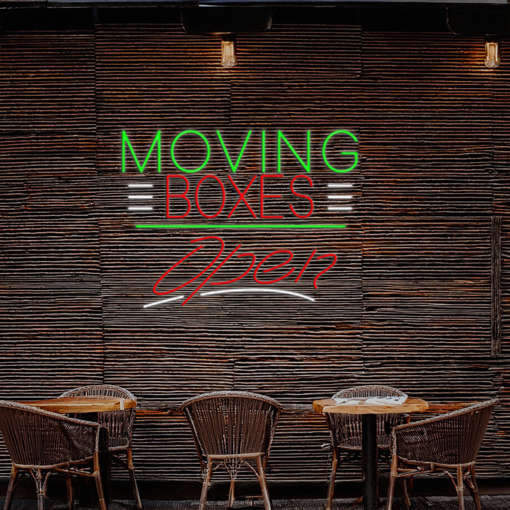 Red Moving Boxes Block Green Line With Open Led Neon Signs