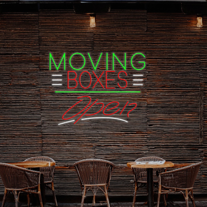 Red Moving Boxes Block Green Line With Open Led Neon Signs