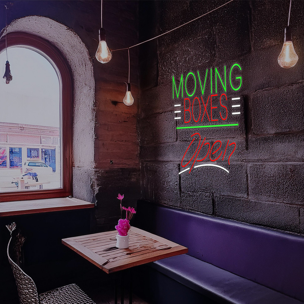 Red Moving Boxes Block Green Line With Open Led Neon Signs