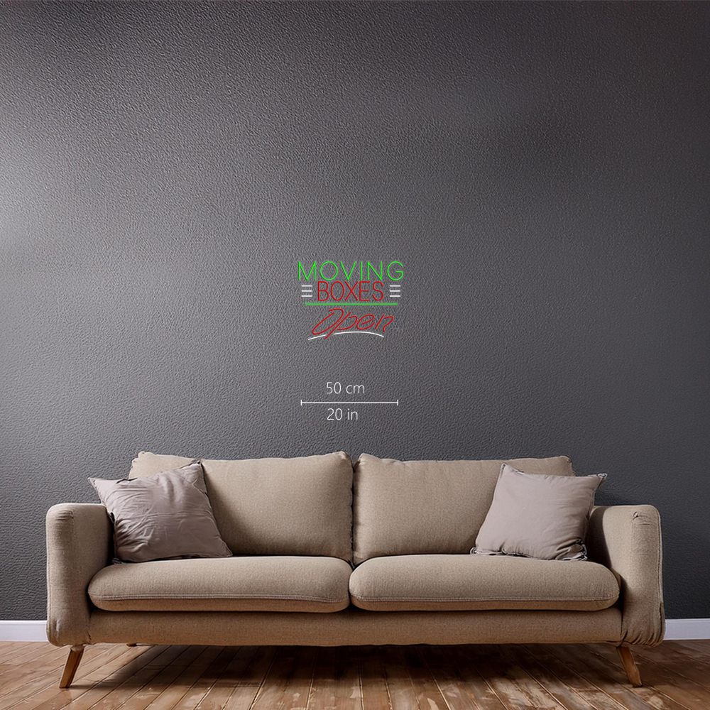 Red Moving Boxes Block Green Line With Open Led Neon Signs