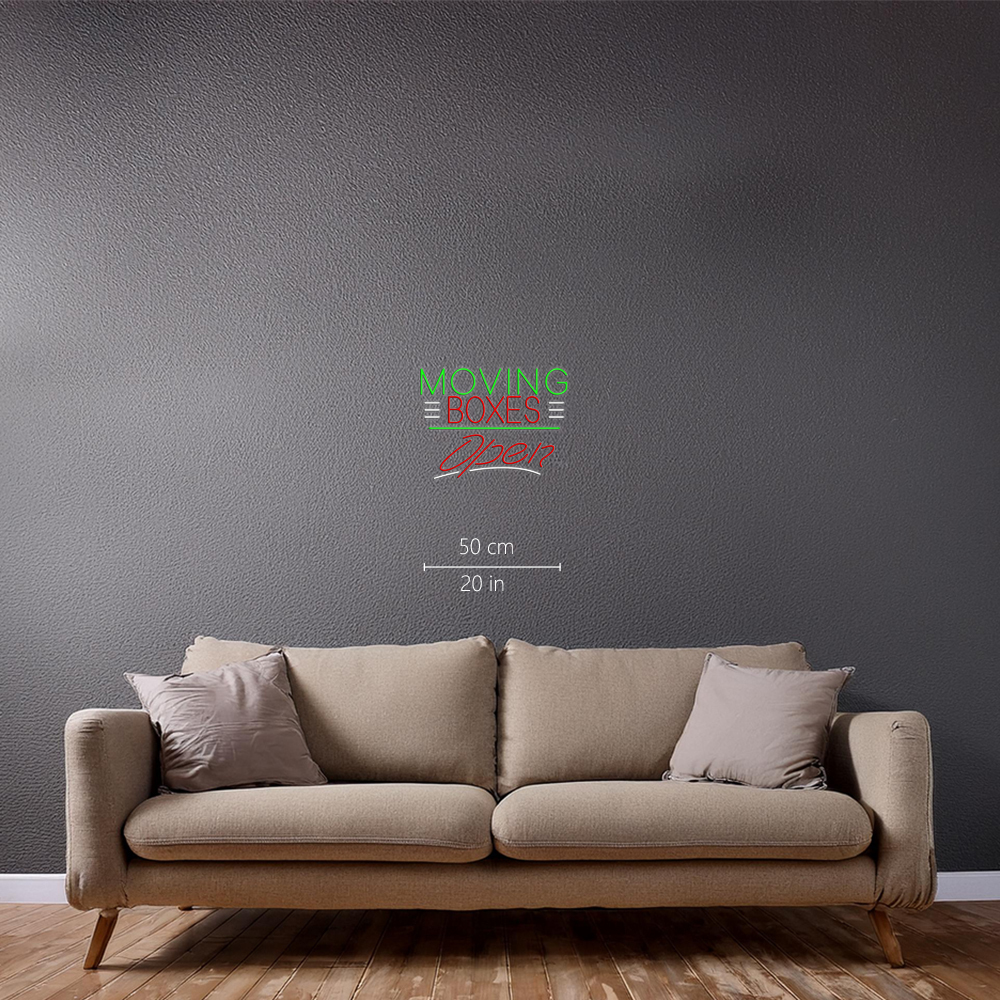 Red Moving Boxes Block Green Line With Open Led Neon Signs