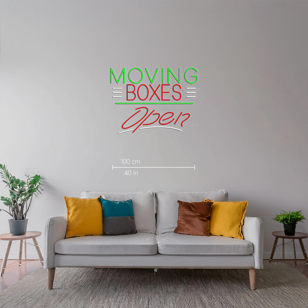 Red Moving Boxes Block Green Line With Open Led Neon Signs