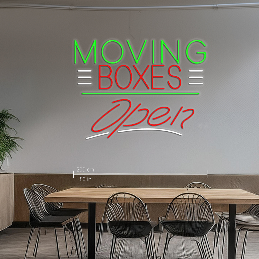 Red Moving Boxes Block Green Line With Open Led Neon Signs