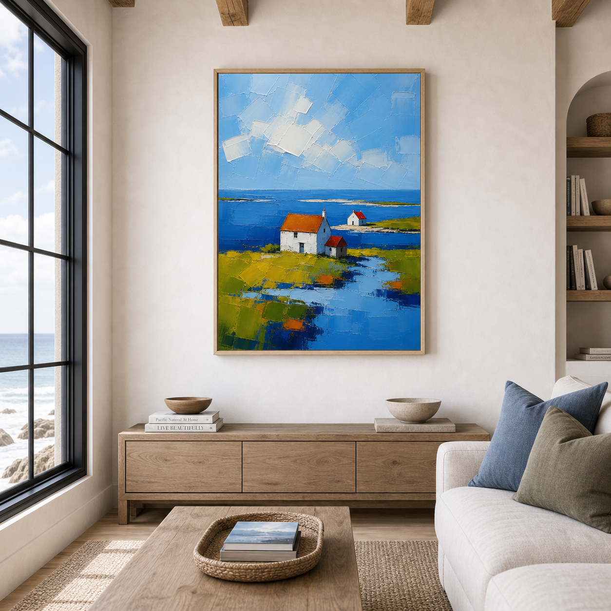Coastal Landscape Wall Art, Original Hand Painted Seaside Cottage Oil Painting