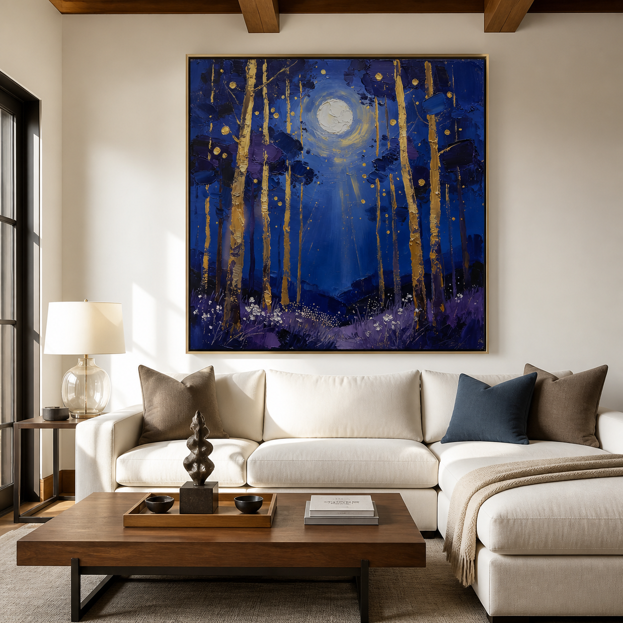Moonlight Forest Wall Art | Golden Birch Night