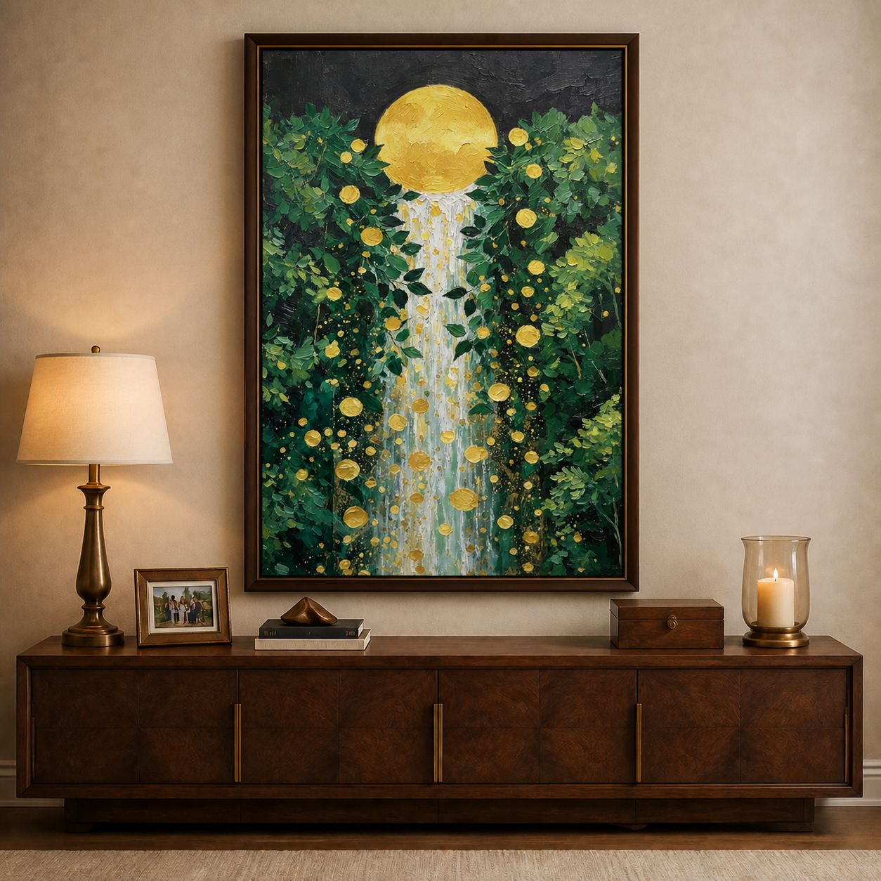 Golden Moon Waterfall Wall Art | Enchanted Forest Cascade