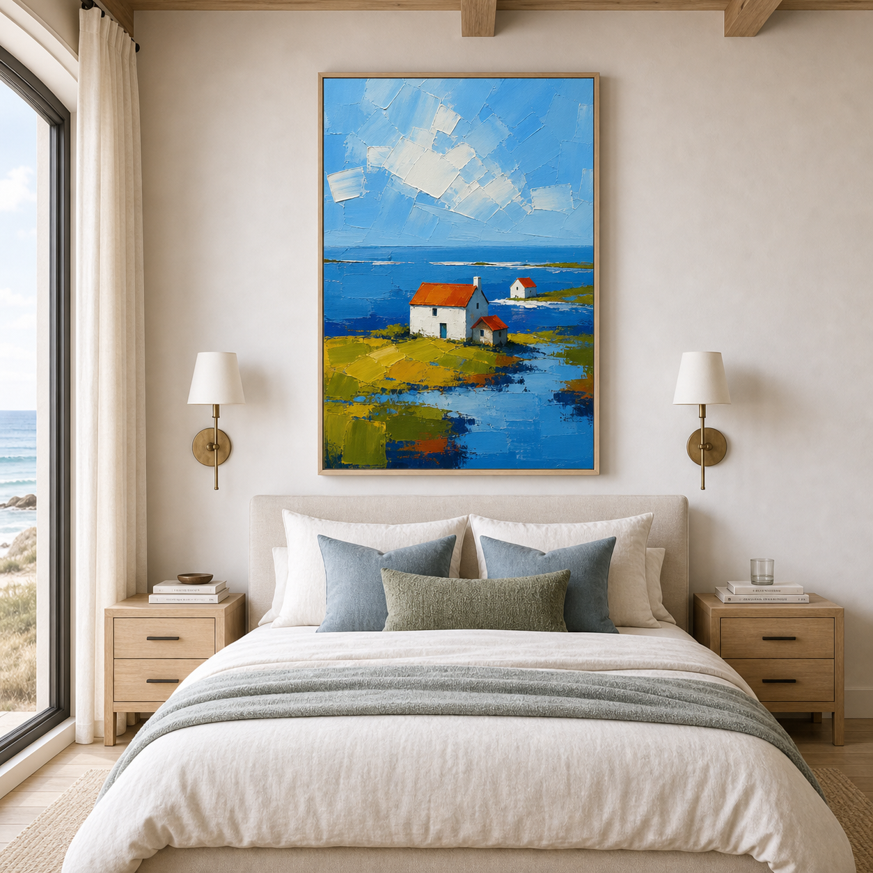 Coastal Landscape Wall Art, Original Hand Painted Seaside Cottage Oil Painting