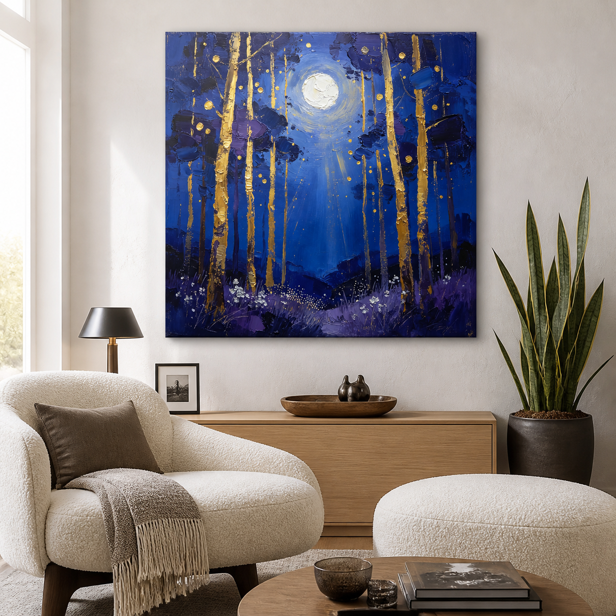 Moonlight Forest Wall Art | Golden Birch Night