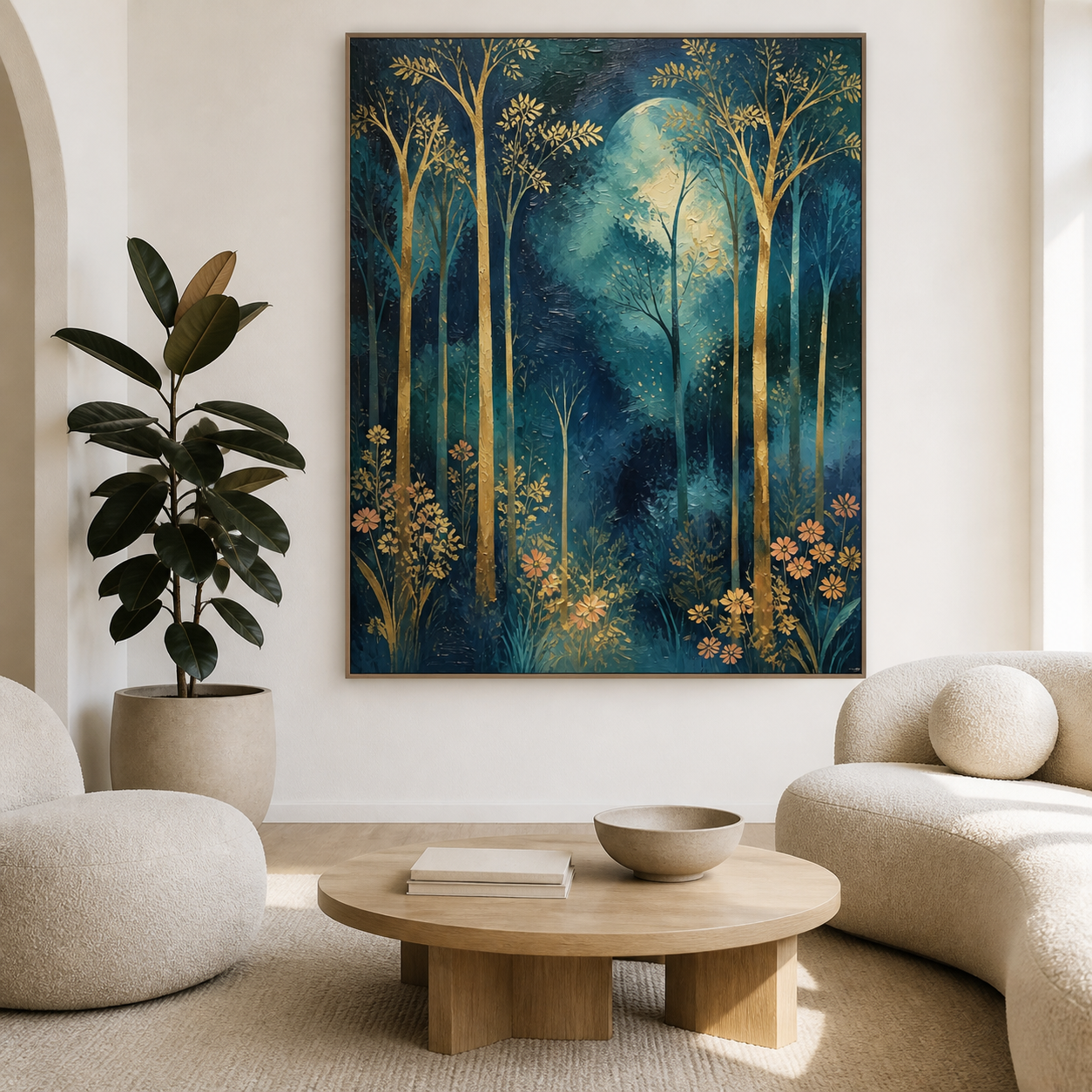 Moonlit Forest Wall Art | Golden Trees at Midnight