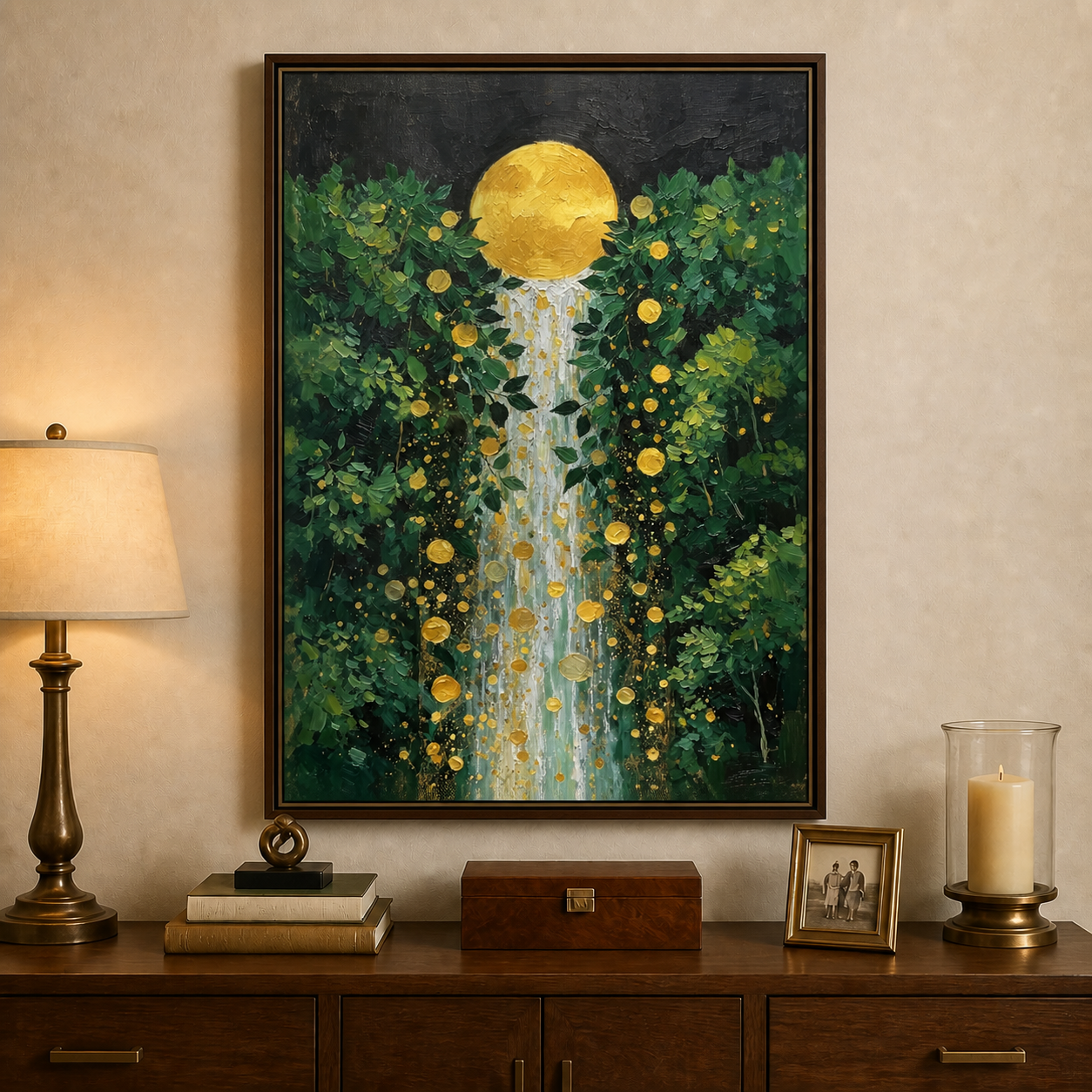 Golden Moon Waterfall Wall Art | Enchanted Forest Cascade